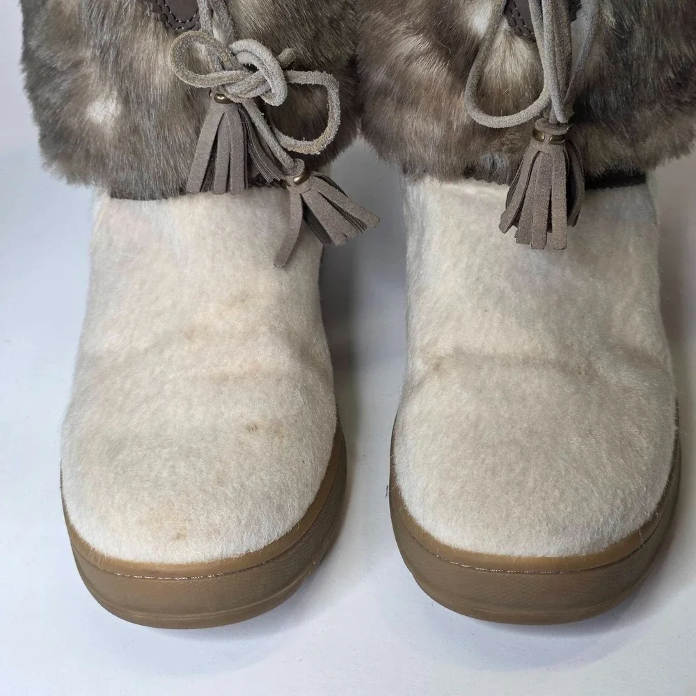 L.L. Bean Winter Snow Boots Women's Size 10 Ivory Cream Brown Faux Fur Shoes